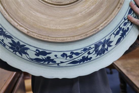 A large Chinese blue and white charger on stand
